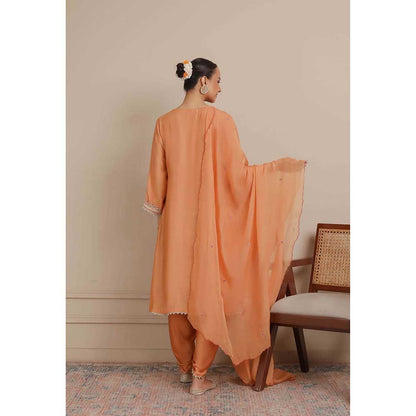NEMAANI Orange Embroidered A-Line Kurta with Dhoti Pant and Dupatta (Set of 3)
