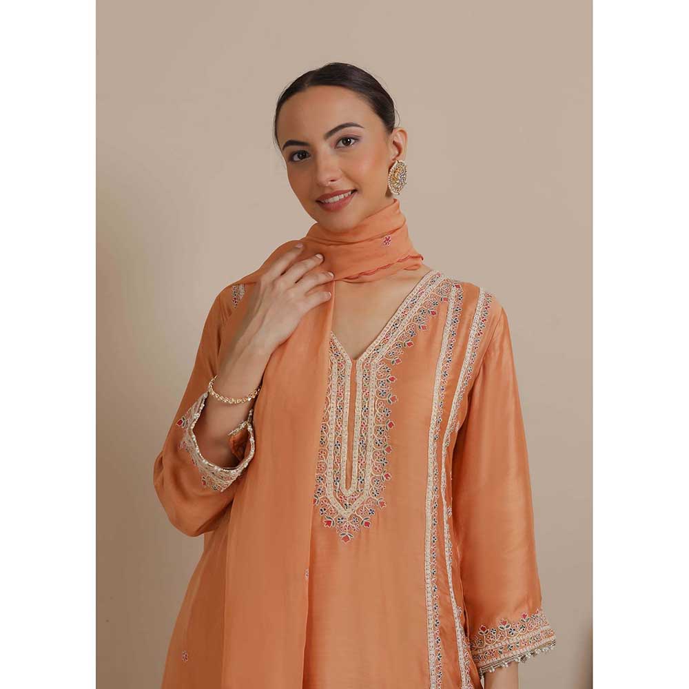 NEMAANI Orange Embroidered A-Line Kurta with Dhoti Pant and Dupatta (Set of 3)