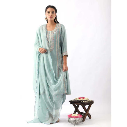 NEMAANI Ice Blue Embroidered A-Line Kurta with Dhoti Pant and Dupatta (Set of 3)