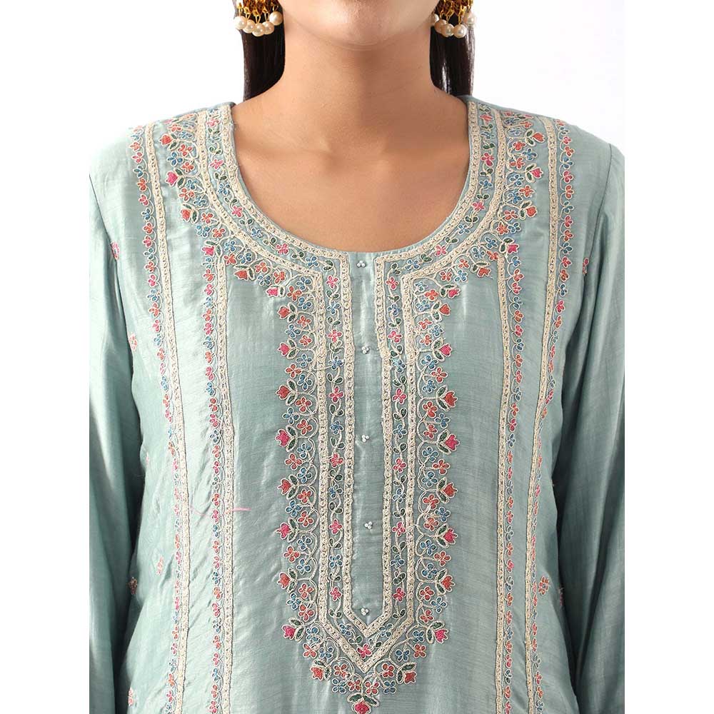 NEMAANI Ice Blue Embroidered A-Line Kurta with Dhoti Pant and Dupatta (Set of 3)