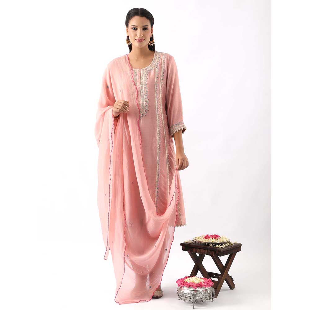 NEMAANI Pink Embroidered A-Line Kurta with Dhoti Pant and Dupatta (Set of 3)