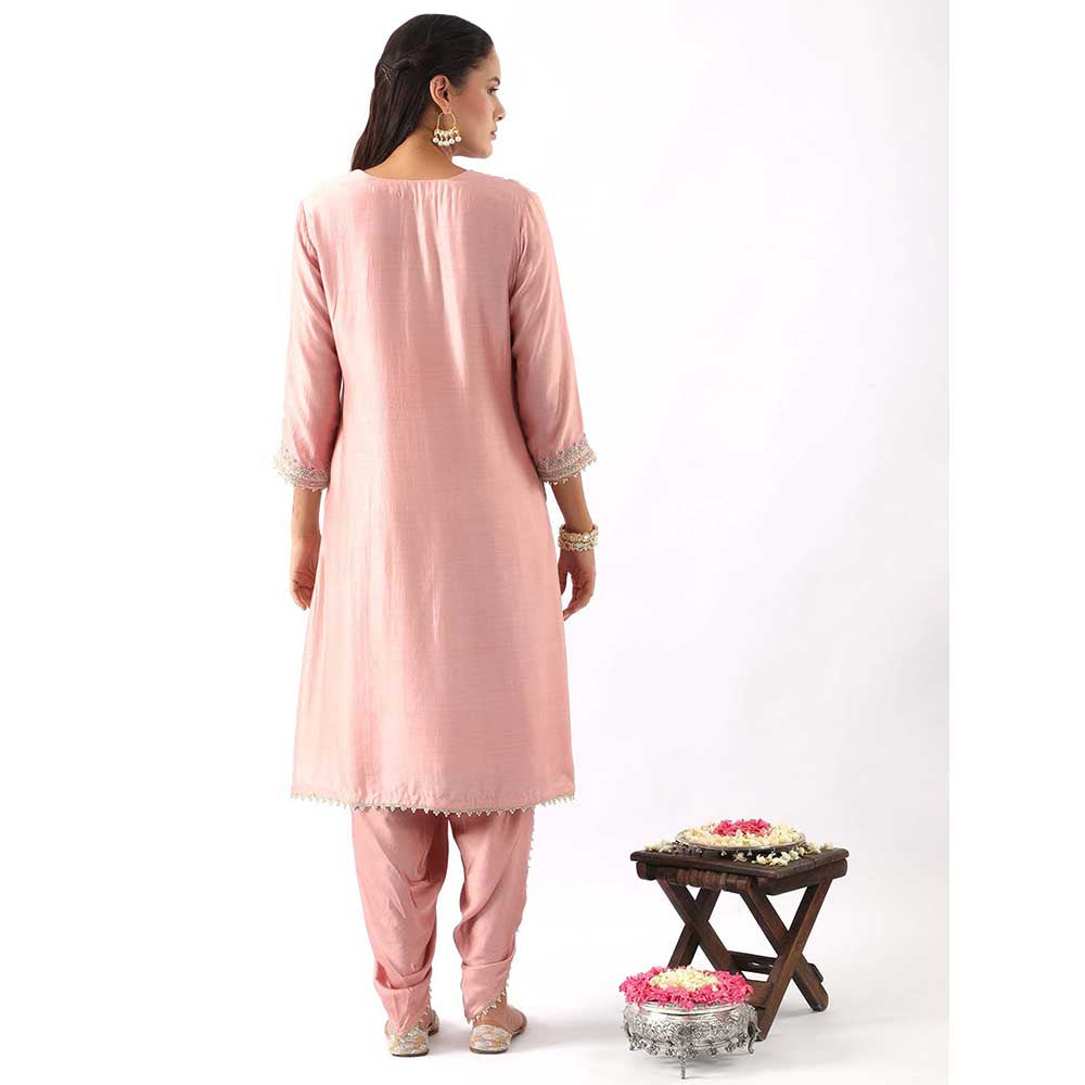 NEMAANI Pink Embroidered A-Line Kurta with Dhoti Pant and Dupatta (Set of 3)
