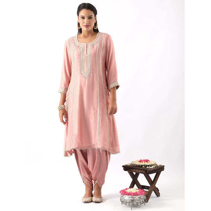 NEMAANI Pink Embroidered A-Line Kurta with Dhoti Pant and Dupatta (Set of 3)