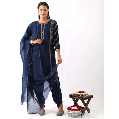 NEMAANI Midnight Navy Blue Embroidered Kurta with Dhoti Pant and Dupatta (Set of 3)