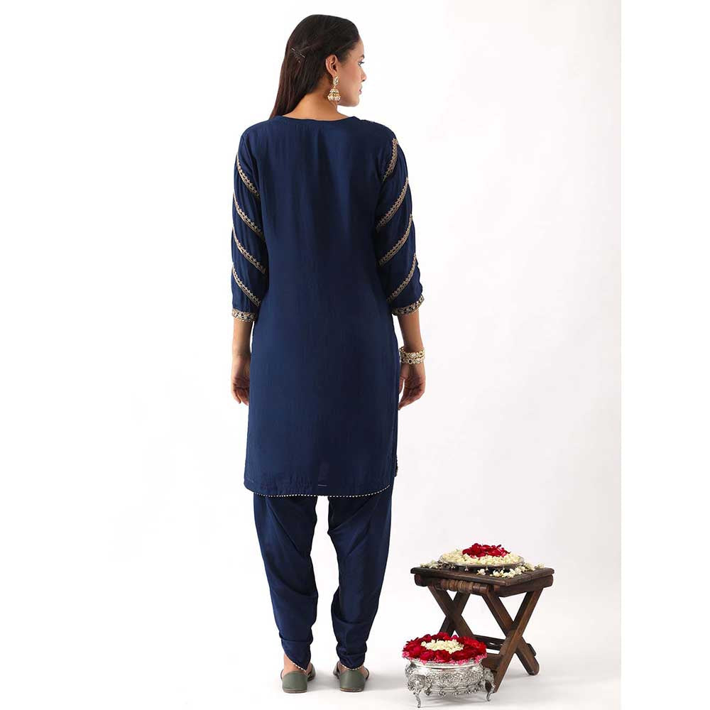 NEMAANI Midnight Navy Blue Embroidered Kurta with Dhoti Pant and Dupatta (Set of 3)