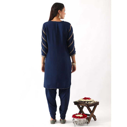 NEMAANI Midnight Navy Blue Embroidered Kurta with Dhoti Pant and Dupatta (Set of 3)
