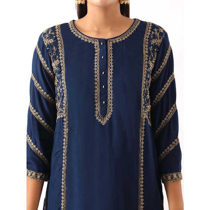 NEMAANI Midnight Navy Blue Embroidered Kurta with Dhoti Pant and Dupatta (Set of 3)