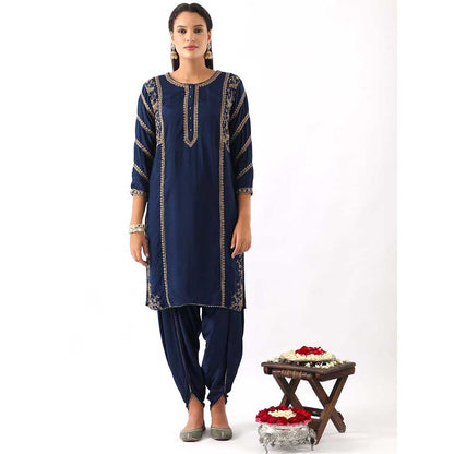 NEMAANI Midnight Navy Blue Embroidered Kurta with Dhoti Pant and Dupatta (Set of 3)
