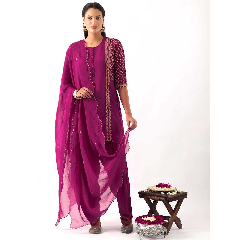 NEMAANI Magenta Pink Yoke And Sleeve Embroidered Kurta with Salwar Pant and Dupatta (Set of 3)