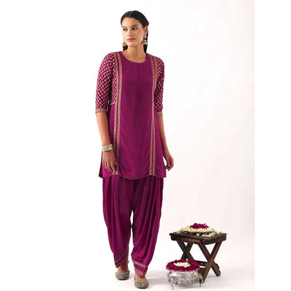 NEMAANI Magenta Pink Yoke And Sleeve Embroidered Kurta with Salwar Pant and Dupatta (Set of 3)