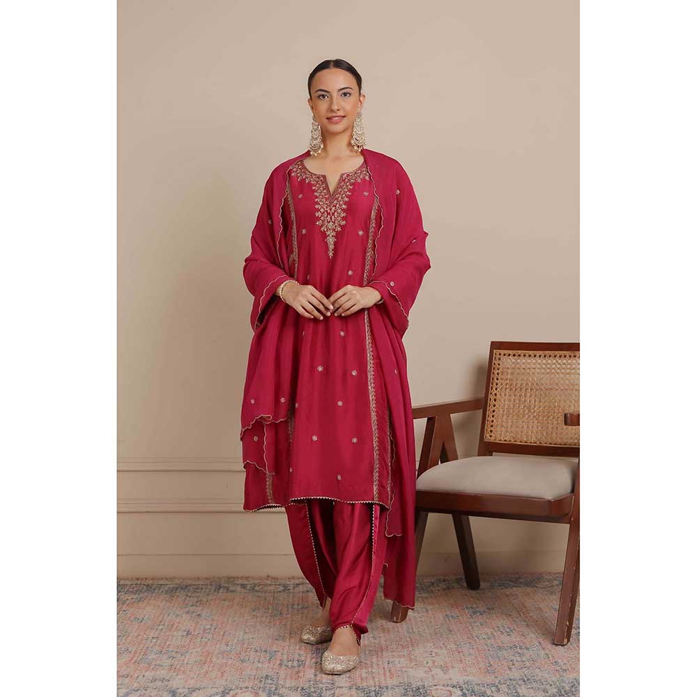 NEMAANI Magenta Pink Dori Embroidered A-Line Kurta with Salwar Pant and Dupatta (Set of 3)