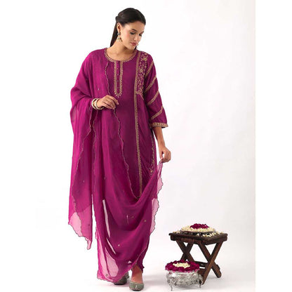 NEMAANI Magenta Pink Dori Embroidered Kurta with Dhoti Pant and Dupatta (Set of 3)
