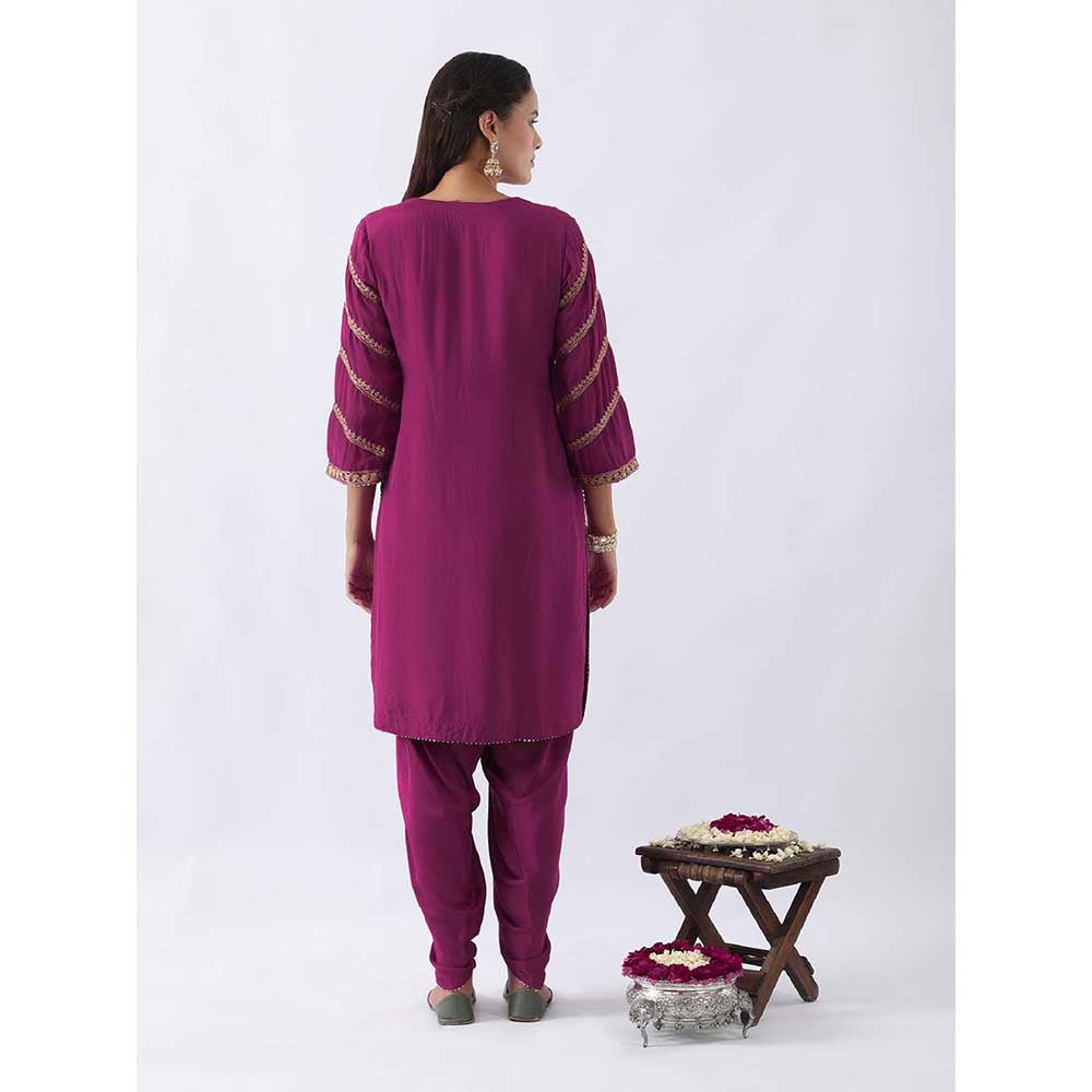 NEMAANI Magenta Pink Dori Embroidered Kurta with Dhoti Pant and Dupatta (Set of 3)