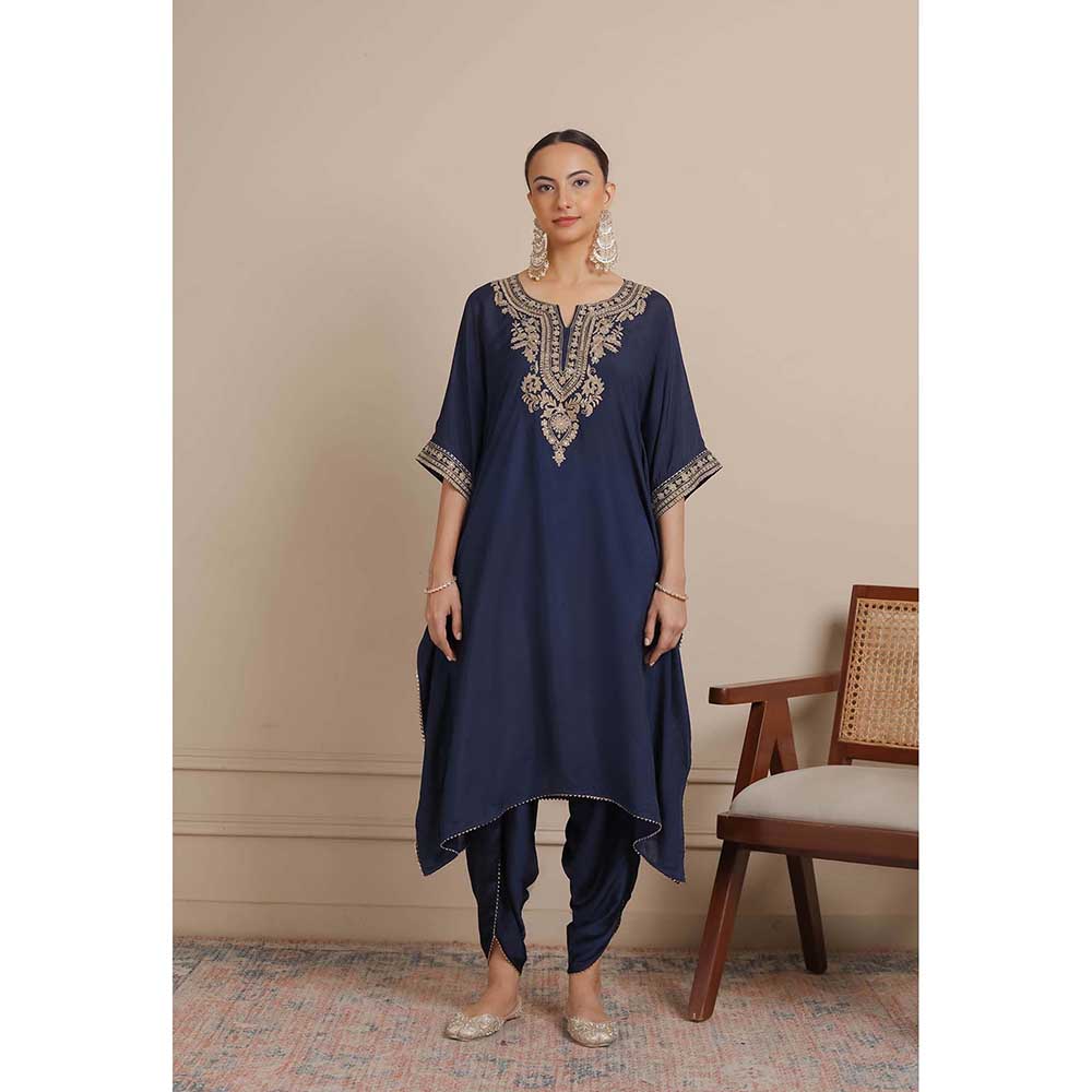 NEMAANI Midnight Navy Blue Neck Embroidered Kaftan with Dhoti Pant (Set of 2)