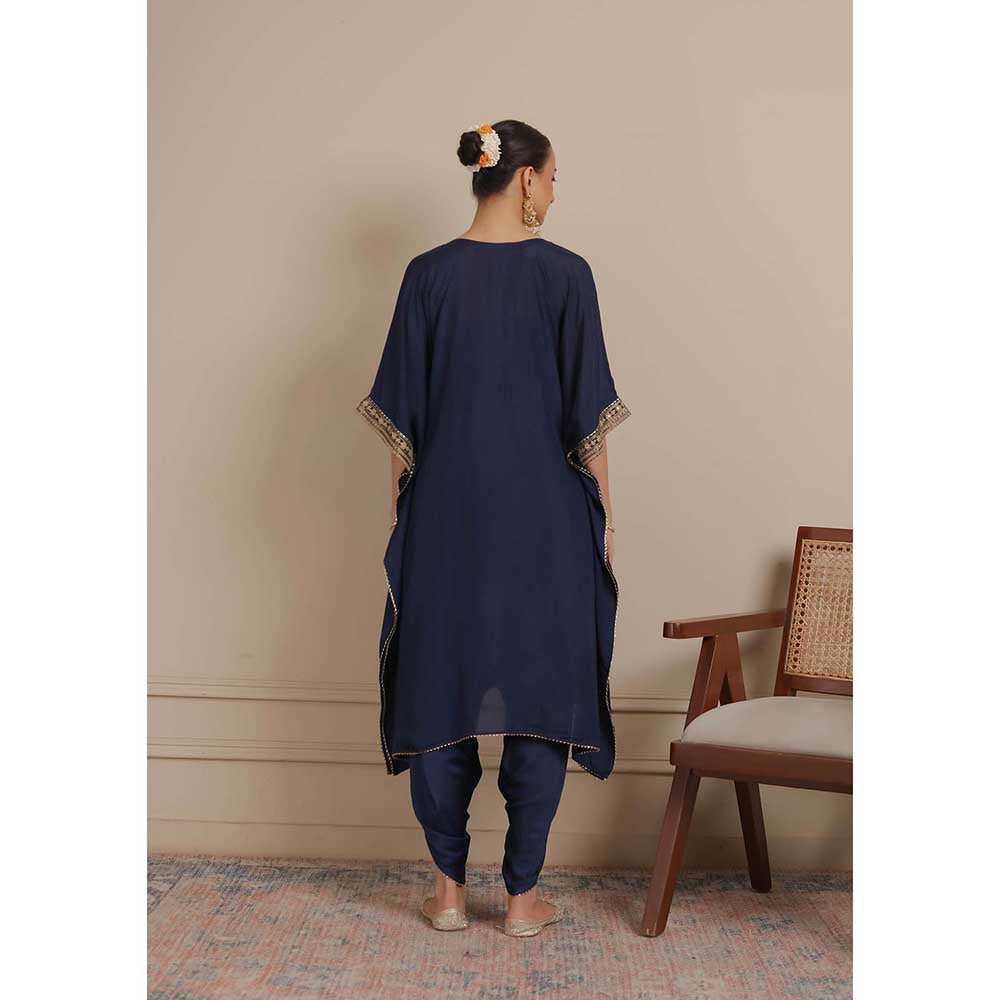 NEMAANI Midnight Navy Blue Neck Embroidered Kaftan with Dhoti Pant (Set of 2)