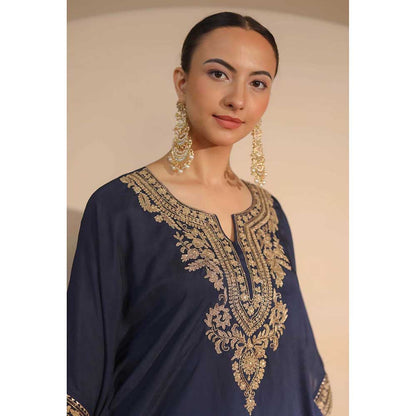 NEMAANI Midnight Navy Blue Neck Embroidered Kaftan with Dhoti Pant (Set of 2)