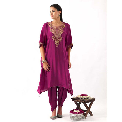 NEMAANI Magenta Pink Neck Embroidered Kaftan with Dhoti Pant (Set of 2)