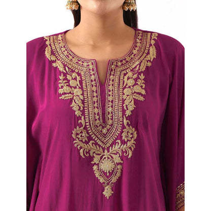 NEMAANI Magenta Pink Neck Embroidered Kaftan with Dhoti Pant (Set of 2)