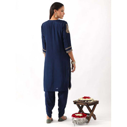 NEMAANI Midnight Navy Blue Neck Embroidered Kurta with Dhoti Pant and Dupatta (Set of 3)