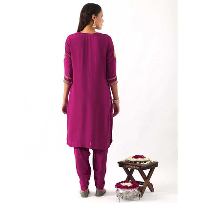 NEMAANI Magenta Pink Neck Embroidered Kurta with Dhoti Pant and Dupatta (Set of 3)