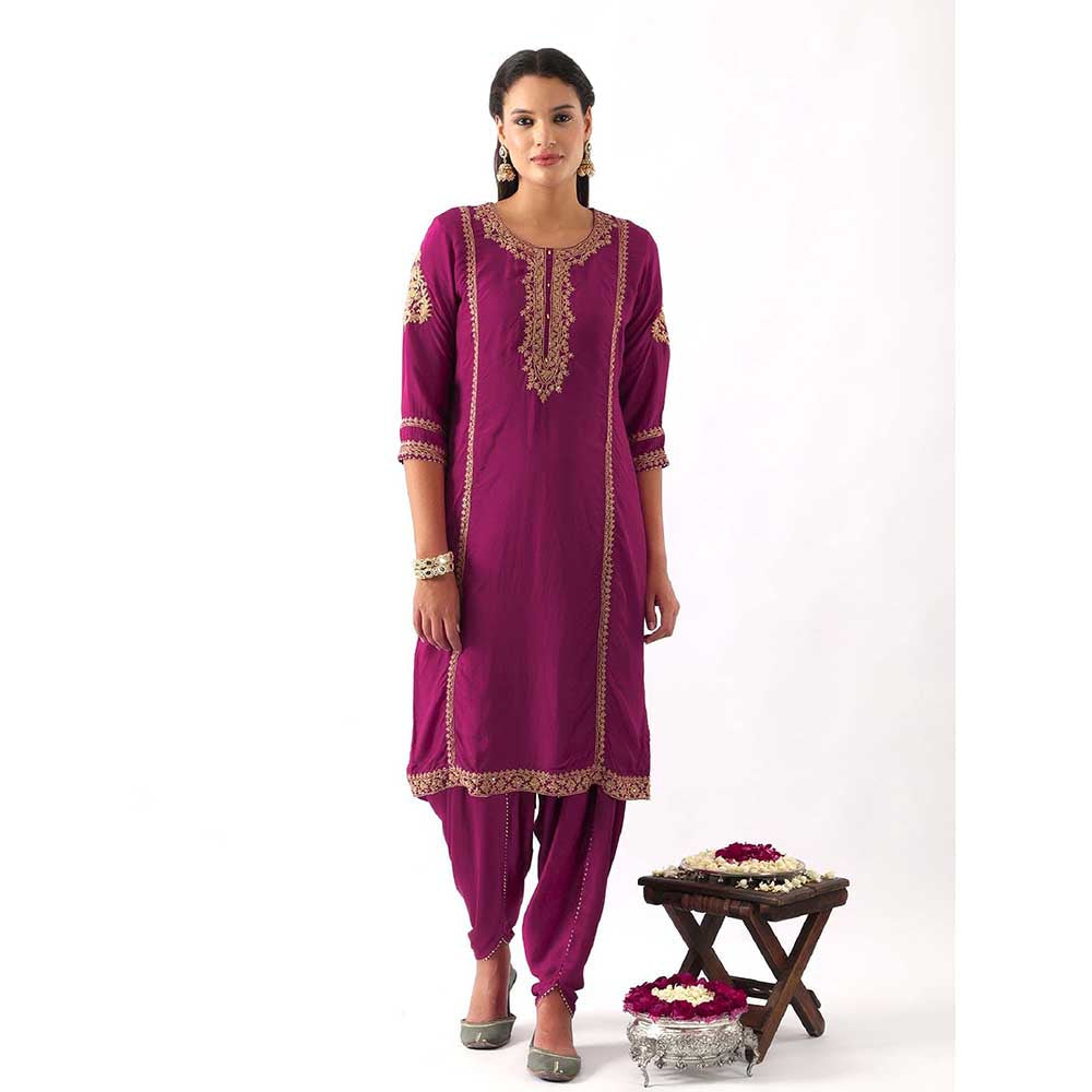 NEMAANI Magenta Pink Neck Embroidered Kurta with Dhoti Pant and Dupatta (Set of 3)