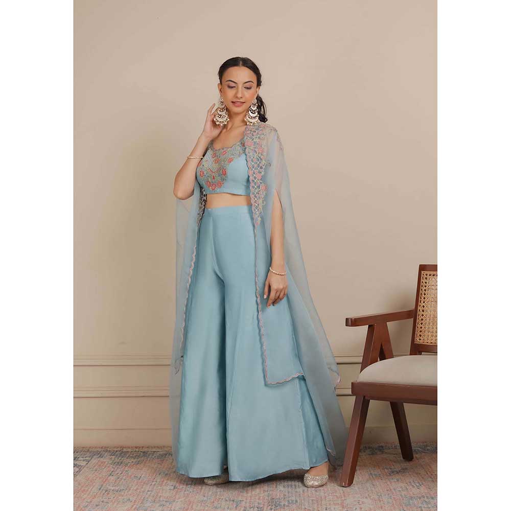 NEMAANI Blue Blouse Flared Blouse with Palazzo and Cape (Set of 3)