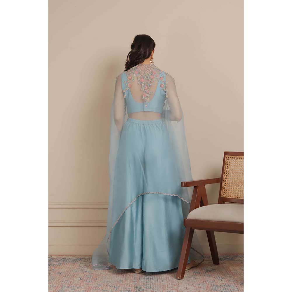 NEMAANI Blue Blouse Flared Blouse with Palazzo and Cape (Set of 3)