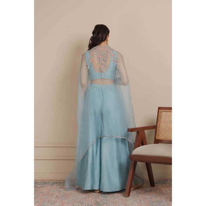 NEMAANI Blue Blouse Flared Blouse with Palazzo and Cape (Set of 3)