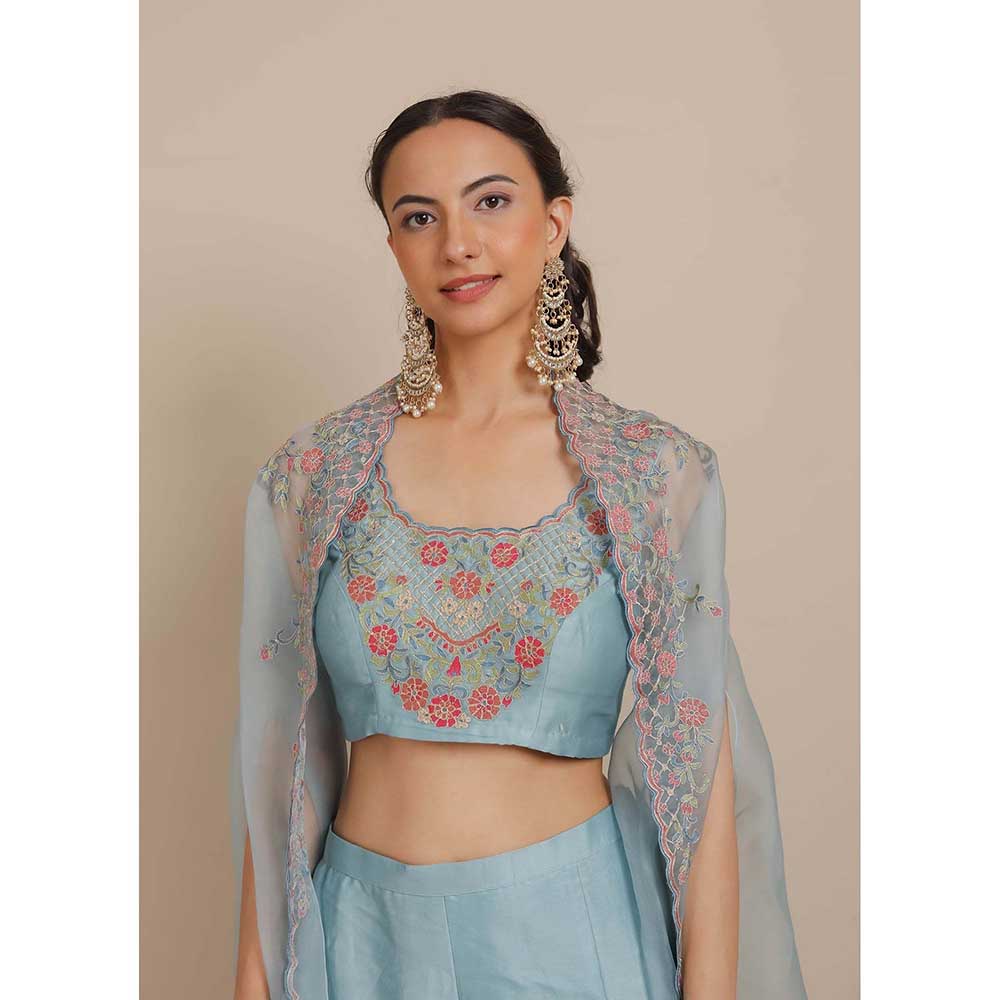 NEMAANI Blue Blouse Flared Blouse with Palazzo and Cape (Set of 3)