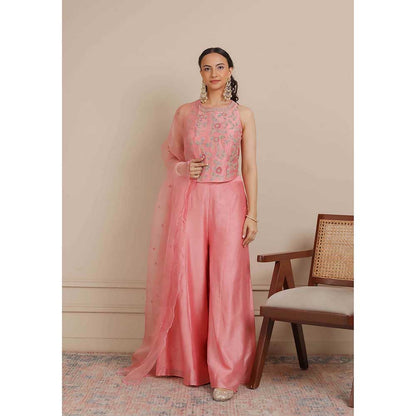 NEMAANI Pink Corset Flared Top with Palazzo and Dupatta (Set of 3)