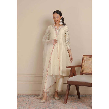 NEMAANI Ivory A-Line Kurta with Pant and Dupatta (Set of 3)