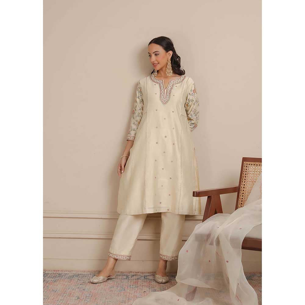 NEMAANI Ivory A-Line Kurta with Pant and Dupatta (Set of 3)