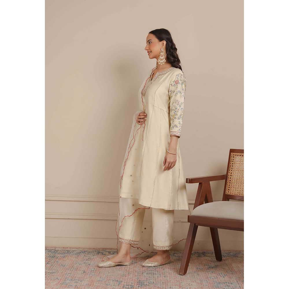 NEMAANI Ivory A-Line Kurta with Pant and Dupatta (Set of 3)
