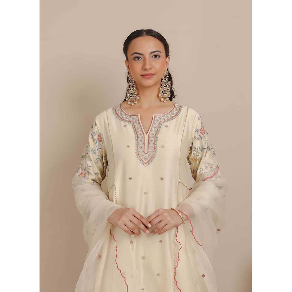 NEMAANI Ivory A-Line Kurta with Pant and Dupatta (Set of 3)