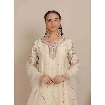 NEMAANI Ivory A-Line Kurta with Pant and Dupatta (Set of 3)