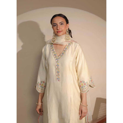 NEMAANI Ivory Sleeve Embroidery Kurta with Pant and Dupatta (Set of 3)