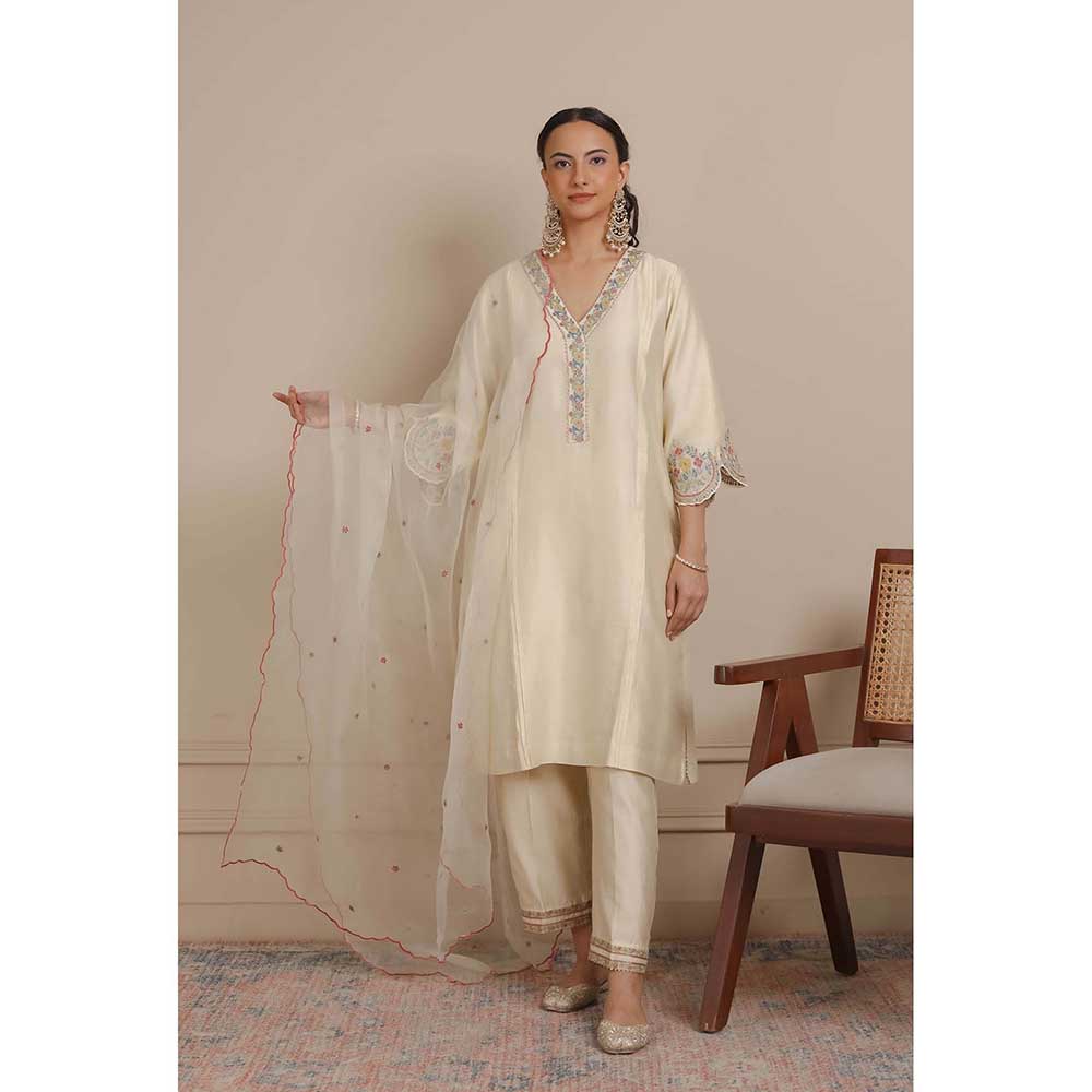 NEMAANI Ivory Sleeve Embroidery Kurta with Pant and Dupatta (Set of 3)