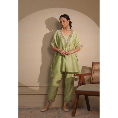 NEMAANI Green Short Kaftan with Pant and Blouse (Set of 3)