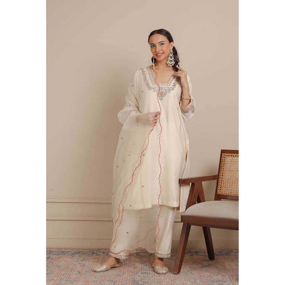 NEMAANI Ivory Glass Neckline A-Line Kurta with Pant and Dupatta (Set of 3)