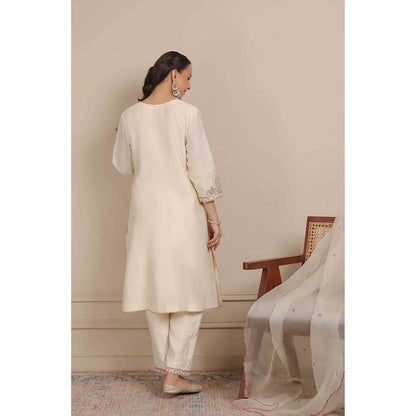 NEMAANI Ivory Glass Neckline A-Line Kurta with Pant and Dupatta (Set of 3)