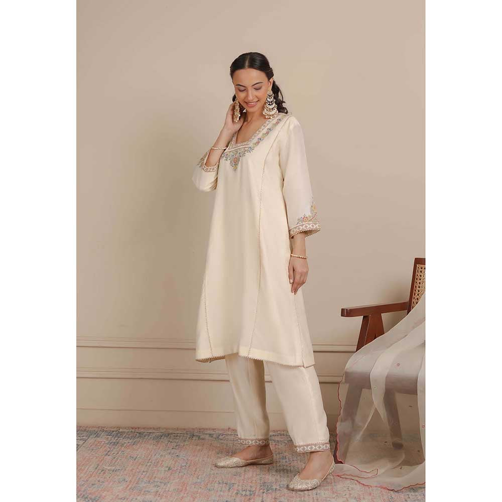 NEMAANI Ivory Glass Neckline A-Line Kurta with Pant and Dupatta (Set of 3)