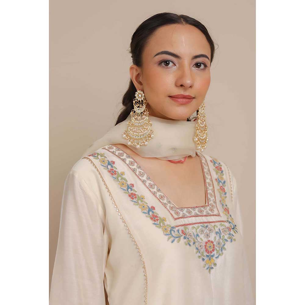 NEMAANI Ivory Glass Neckline A-Line Kurta with Pant and Dupatta (Set of 3)
