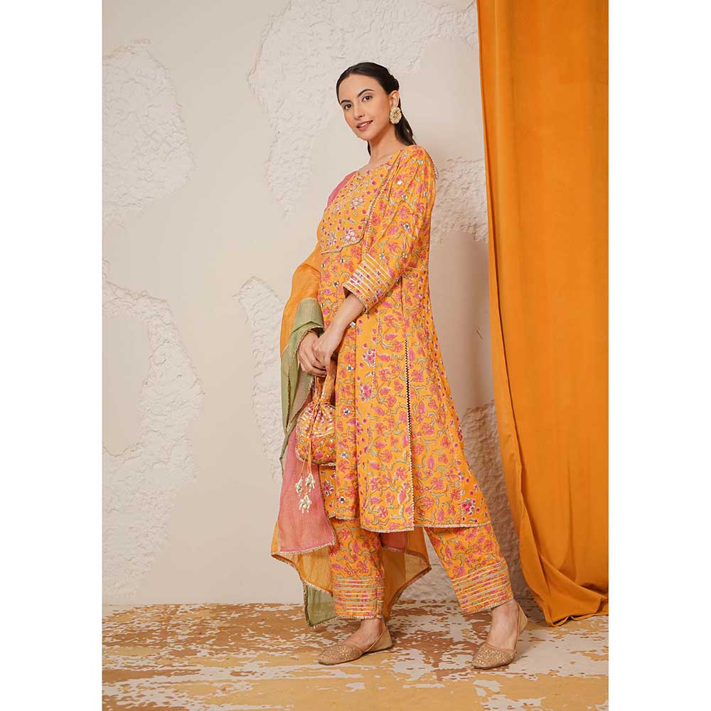 NEMAANI Sitara Yellow A-Line Kurta with Pant and Dupatta