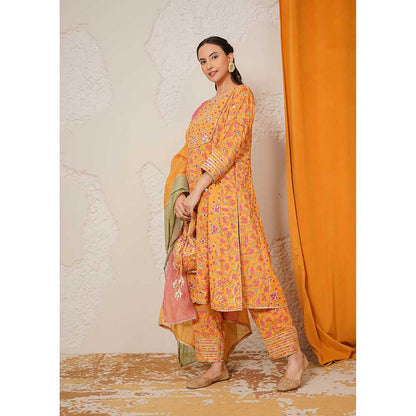 NEMAANI Sitara Yellow A-Line Kurta with Pant and Dupatta