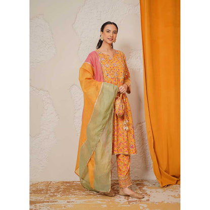 NEMAANI Sitara Yellow A-Line Kurta with Pant and Dupatta