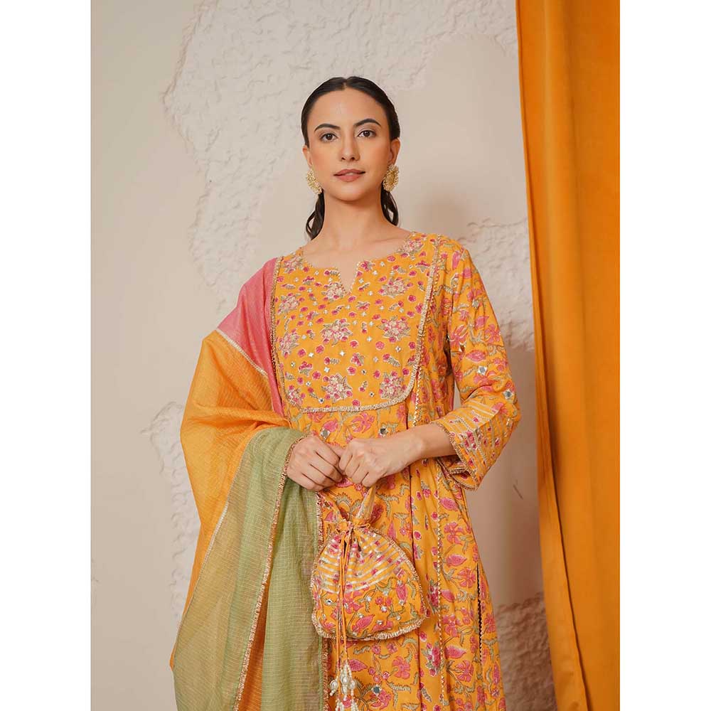 NEMAANI Sitara Yellow A-Line Kurta with Pant and Dupatta