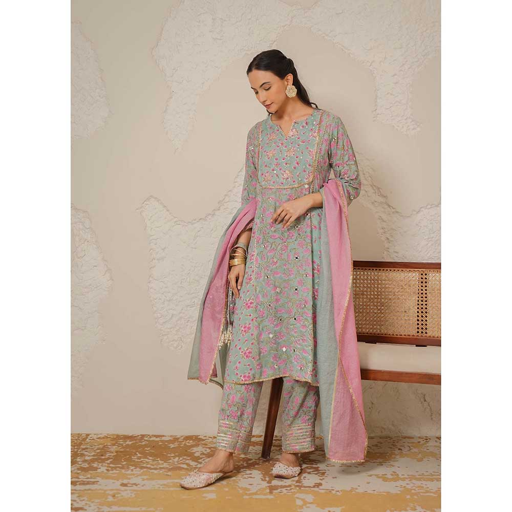 NEMAANI Sitara Blue A-Line Kurta with Pant and Dupatta