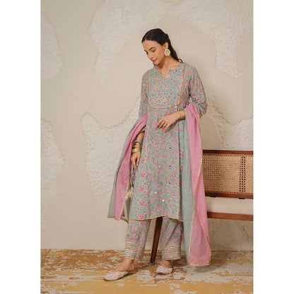 NEMAANI Sitara Blue A-Line Kurta with Pant and Dupatta