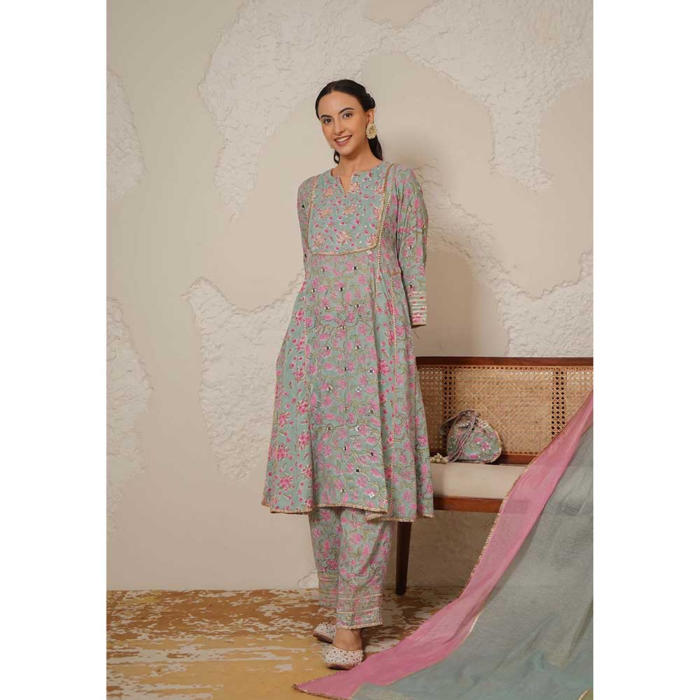 NEMAANI Sitara Blue A-Line Kurta with Pant and Dupatta