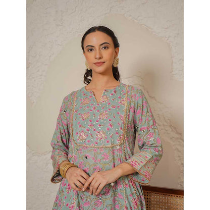 NEMAANI Sitara Blue A-Line Kurta with Pant and Dupatta
